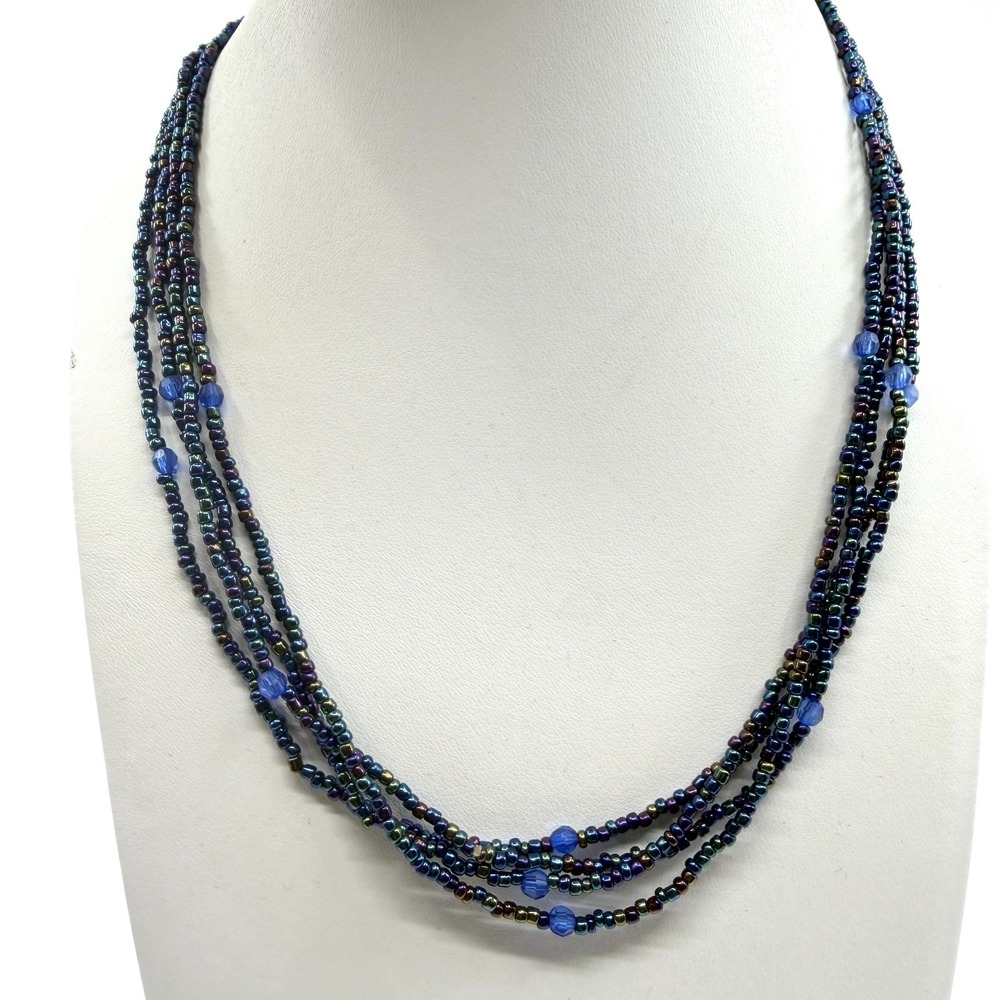 Iridescent Multi Strand Seed Bead Necklace - Boho Layered Statement Jewelry